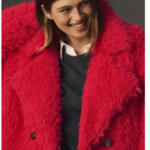 Anthropologie Faux Fur Pink Shag Double-Breasted Jacket - Picture 2 of 8